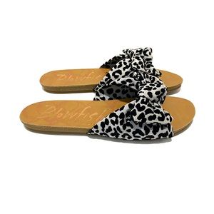 BLOWFISH Malibu Ginah Bow Slip On Gray Black Leopard Canvas Sandals NWT